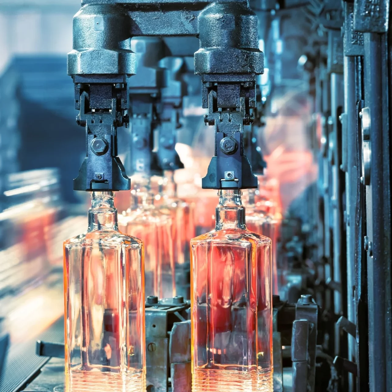 machinery filling all the glass bottles with perfumes